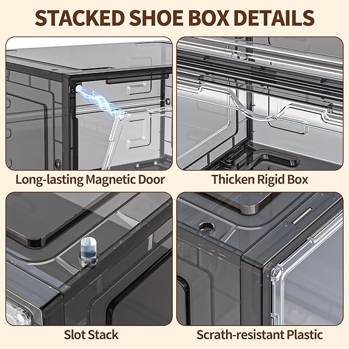 TOFWOF 10 Pack XX Large Shoe Organizer, Heavy-Duty Hard Thicken Plastic Clear Stackable Shoe Storage Box Organizer for Closet, Space-Saving Shoe Rack Display Case Bin Containers for Sneakers, Grey