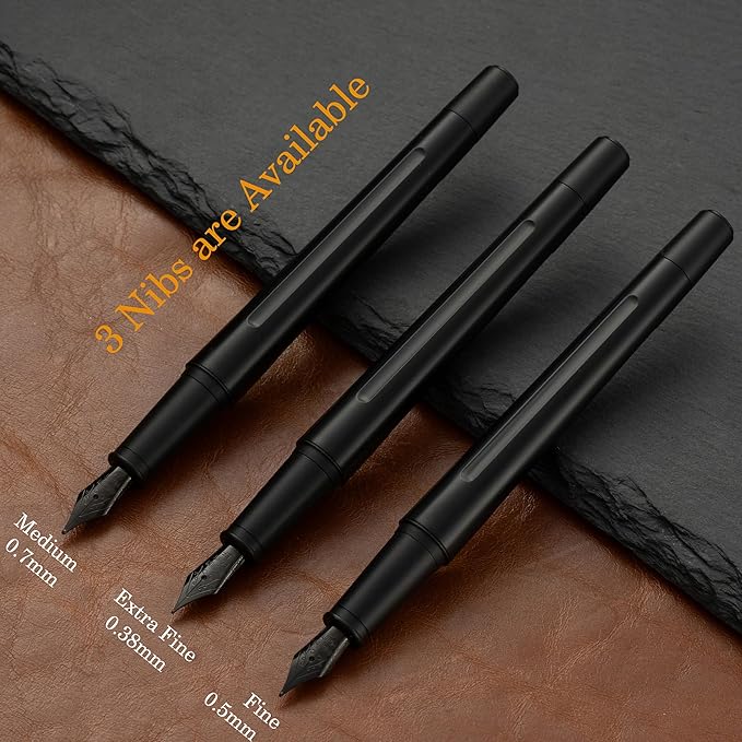 HUASHILAI Luxury Matte Black Forest Fountain Pen Set,Titanium Black Extra Fine and Medium Nibs,Includes 2 Ink Converters,10 Ink Cartridges,15ml ink，Premium Gift Case for Calligraphy (Fine Nib)