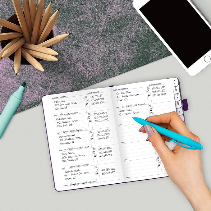 Legend Planner Address Book with Alphabetical Tabs – Mini Telephone Contacts Book for Phone Numbers, Addresses, Passwords, Small (Purple)