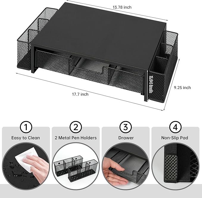 Qupui Computer Monitor Stand Riser with Drawer and Pen Holders, Desk Organizer Shelf and Accessories, Office Desk Accessories, Office Organization, Black