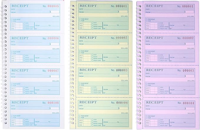 Receipt Books with Carbon Copies,Money and Rent Receipt Book,3-Part Carbonless,5.31" x 11.22",Receipt Book for Small Business,Blue,Yellow and Pink Copy,100 Sets Per Book