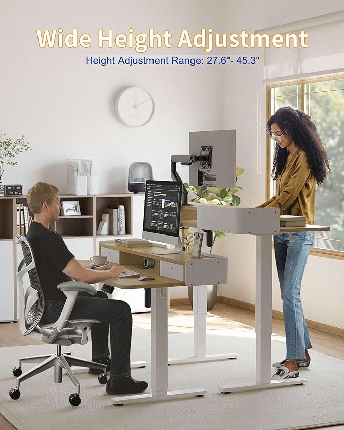 YIHAYO Electric Standing Desk with Drawers, 60 x 24 Inches Adjustable Desk with Storage Shelf, Computer Table with Splice Board for Home Office, White Frame/Natural Top