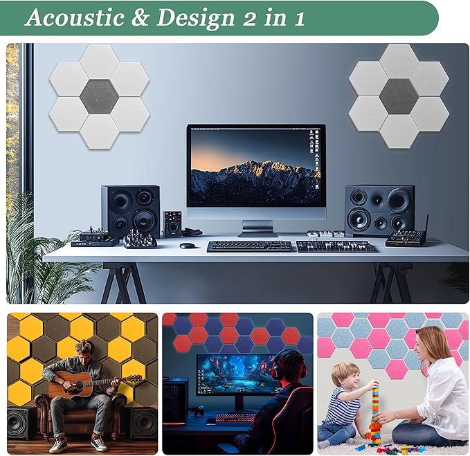 Hexagonal Acoustic Panels-12 Pack High-Density Sound Absorbing Panels 12"X10"X0.4" for Enhanced Noise Reduction, DIY Design, Idea for Studios, Offices, and Home Theaters(Moonlight Gray)