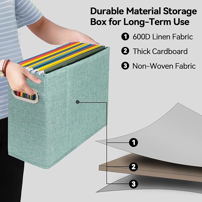 ComfortKeeper 4 Packs Letter Size File Organizer, File Folders Organizer, Fabric Storage Box, Collapsible Paper Organizer with Metal Handle, Smooth PVC Rails, Only Box (Green)
