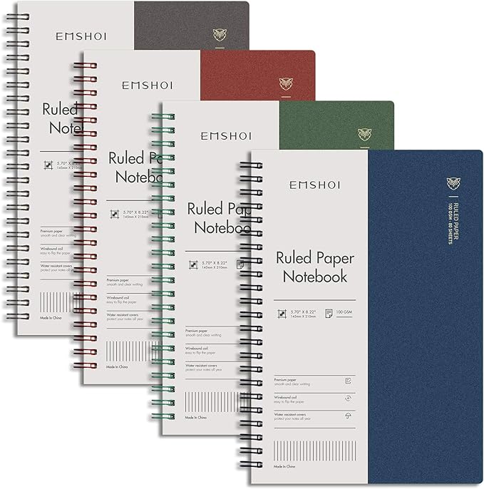 EMSHOI Lined Journal Spiral Notebook 5.7" x 8.22" - 4 Pack 640 Pages 100gsm Thick Paper, A5 Small Notebooks College Ruled, Plastic Hardcover Journals for Writing Women Men Work School Supplies