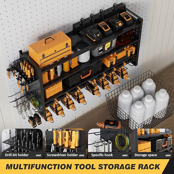 VDEVY Power Tool Organizer Wall Mount with Charging Station, Heavy-Duty Metal Garage Tool Storage Rack & 8 Outlet Power Strip, 33 Inch Long 4 Tier Shelves for Workshop Organization