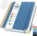 Bullet Dotted Journal Spiral Notebook, 300 Pages Leather Notebooks with Contens, 120 GSM Thick No Bleed Through Paper Journals, A5 Dot Grid Notebook for Women Men Work Writing, 5.5" x 8", Dark Blue