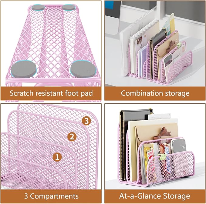 gianotter Mail Organizer Countertop, Metal File Holder with 3-Slot, Pink Desk Accessories for Women Office (Pink)