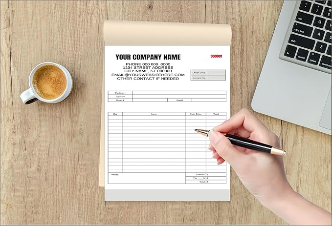 Custom Carbonless Invoice Book with Logo, Personalized Cover & Inner Pages, 2 Part NCR Receipt & Work Order Forms, Easy Tear, Writing Shield for Small Business (2-Part [White/Blue], 8.3 x 5.5INCH)