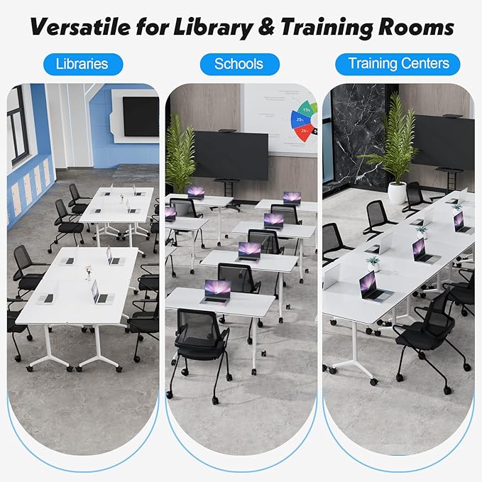Goakwwuz Conference Room Tables Folding Conference Table Modular White Training Tables with Wheels, Large Flip Top Table for Office,Classroom,Meeting Room(4, White, 55.1”)