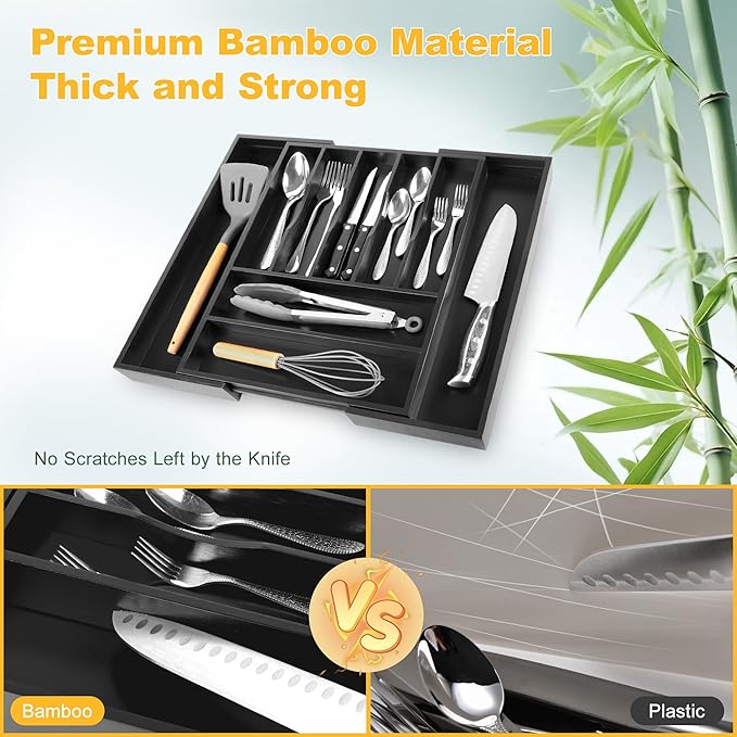 oridom Large Premium Bamboo Silverware Organizer - Expandable Drawer Organizer & Utensil Organizer - 17"x19.7" Cutlery Tray with Dividers for Kitchen Utensils and Flatware (7-9 Slots) (Black)