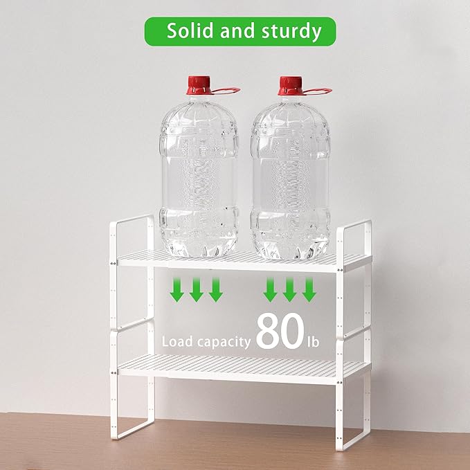 SOFRON Expandable Cabinet Storage Shelf Stackable Organizer Rack for Kitchen Bathroom Pantry Spice Cupboard Coffee Countertop Home Office Desk Heavy Duty Nonslip White Large 2 Packs