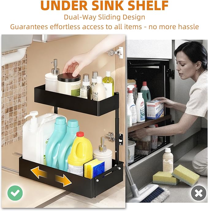 Henyol 2Packs Under Sink Organizer with Adjustable Height and Width, Under Cabinet Organizer to Tidy, Sturdy Metal Design for Kitchen and Bathroom