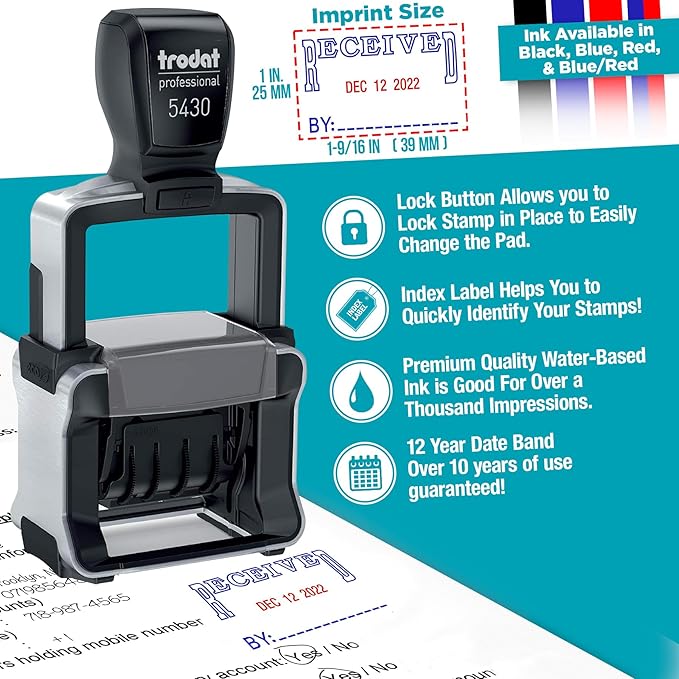 Trodat 5430 Professional Self-Inking Date Stamp with E-MAILED - Blue/Red 2 Color Ink