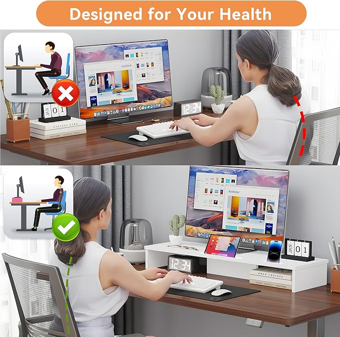 Qupui TV Riser Stand with LED Lights, 42.5in Super Large Monitor Stand with Phone Tablet Holder, Tabletop TV Stand Riser for Desk, Desktop Organizer for Computer, TV, Laptop, Printer