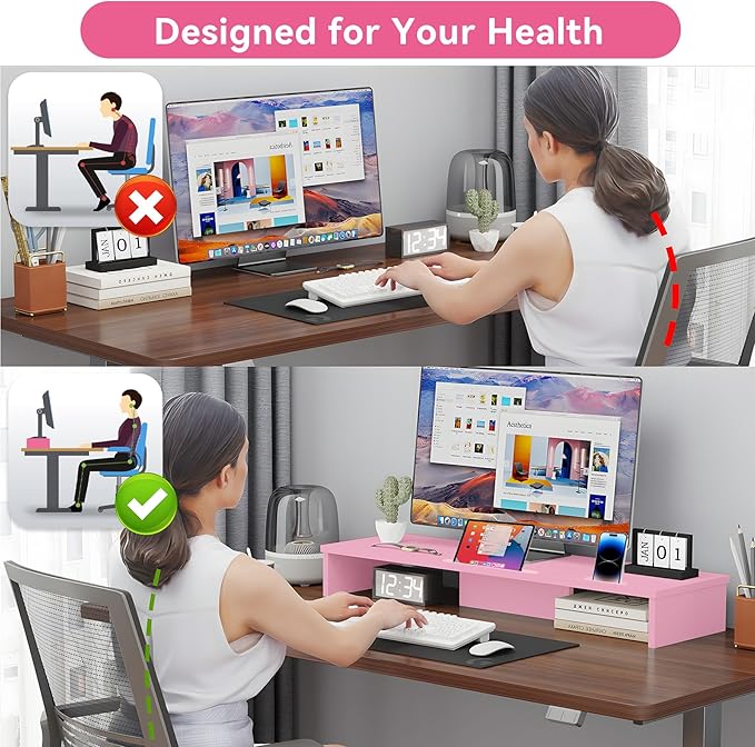 Qupui TV Riser Stand with LED Lights, 42.5in Super Large Monitor Stand with Phone Tablet Holder, Tabletop TV Stand Riser for Desk, Desktop Organizer for Computer, TV, Laptop, Printer