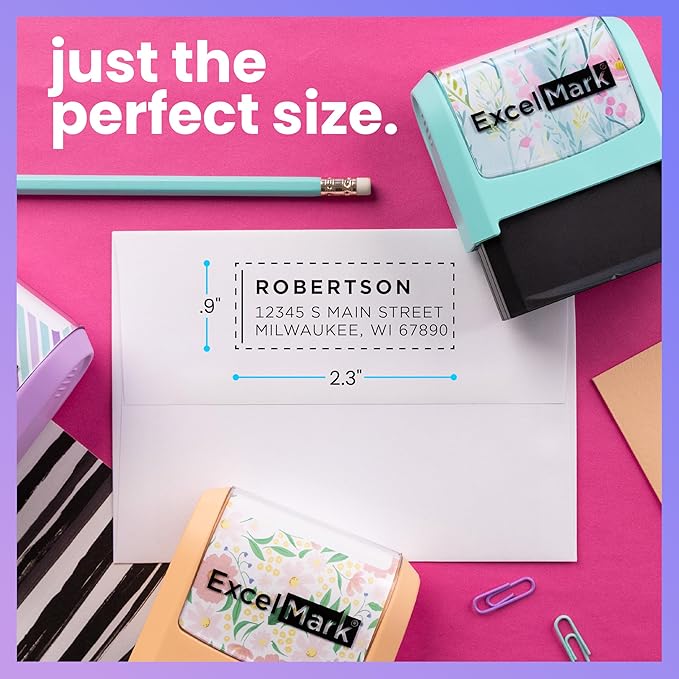 ExcelMark Address Stamp - Custom Return Address Stamp with Elegant Designs, Vibrant Colors & Patterns – Perfect for Mail, Invitations & Gifts (Violet Mount, Modern Line)