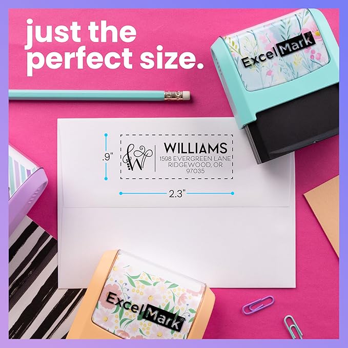 ExcelMark Address Stamp - Custom Return Address Stamp with Elegant Designs, Vibrant Colors & Patterns – Perfect for Mail, Invitations & Gifts (Peach Mount, Script Swirl)