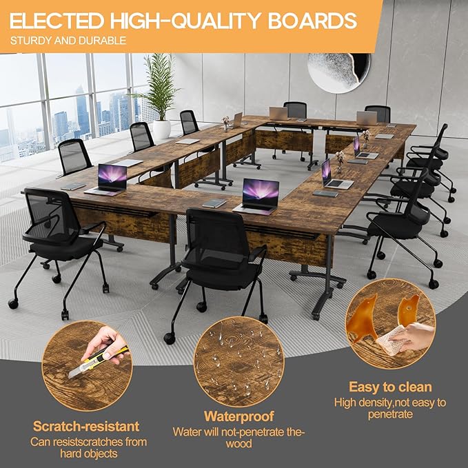Folding Conference Table 4ft 5ft, Foldable Office Meeting Desk for 6 People, Multiple Sizes Colors Mobile Conference Room Table for Training Room School Business Furniture (4, Brown, 55in)