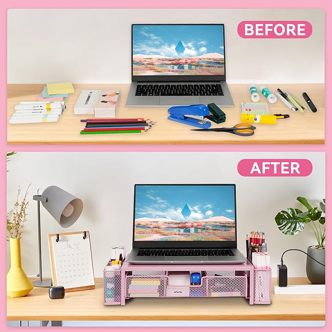 Qupui Computer Monitor Stand Riser with Drawer and Pen Holders, Desk Organizer Shelf and Accessories, Office Desk Accessories, Office Organization, Pink