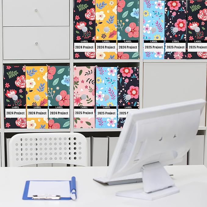 PerKoop 12 Pcs Magazine File Holder Foldable Decorative Cardboard File Folders 6 Patterns Floral Colored Magazine Rack with Printable Sticker Labels for School Office Home Desk (Flower Design)