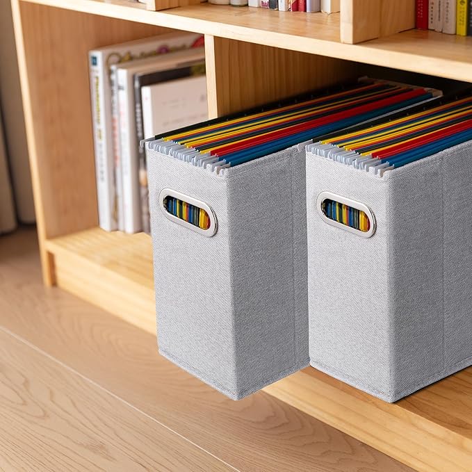 ComfortKeeper 4 Packs Letter Size File Organizer, File Folders Organizer, Fabric Storage Box, Collapsible Paper Organizer with Metal Handle, Smooth PVC Rails, Only Box (Light Gray)