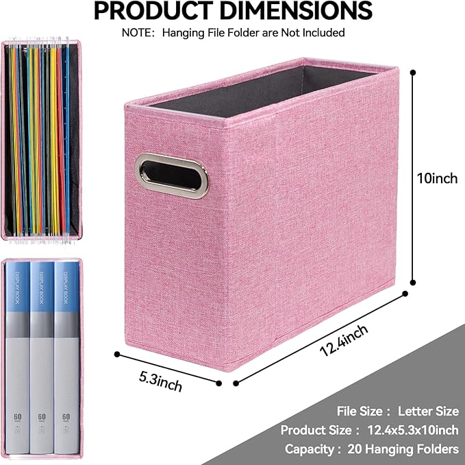 ComfortKeeper 4 Packs Letter Size File Organizer, File Folders Organizer, Fabric Storage Box, Collapsible Paper Organizer with Metal Handle, Smooth PVC Rails, Only Box (Pink)