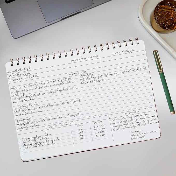 Merely Home | Meeting Notebook for Work | 8.25" x 11.75" | Project Planner | Simple Design | Multiple Layouts | Office and Business Planner (Black, Meeting Planner - Landscape)