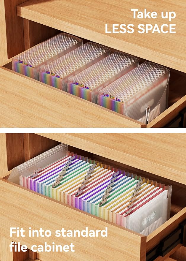 ABC life 26 Pockets Accordion File Organizer, Expanding File Folder, Portable Monthly Paper Bill Tax Receipt Organizer, Letter A4 Size Document Organizer with Labels - Pink