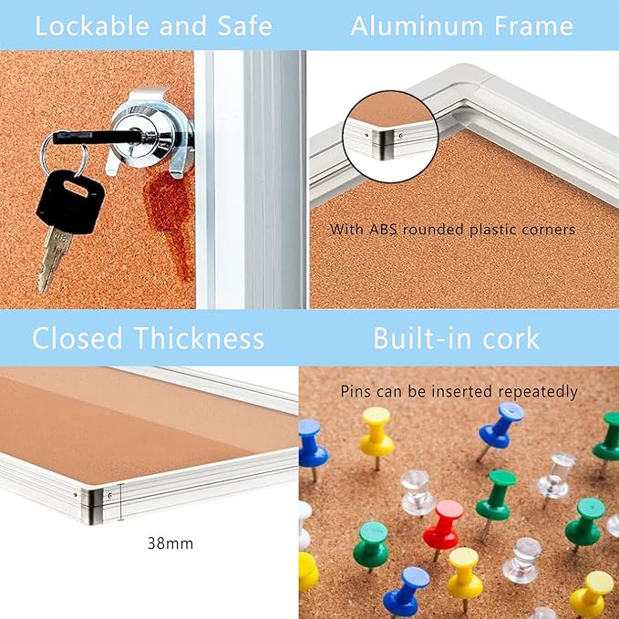 Cork Bulletin Board 24x36 inch Lockable Cork Noticeboard Enclosed Wall-Mounted Display Case for Office Classroom Home School Display Pictures （36x24, Natural Color）