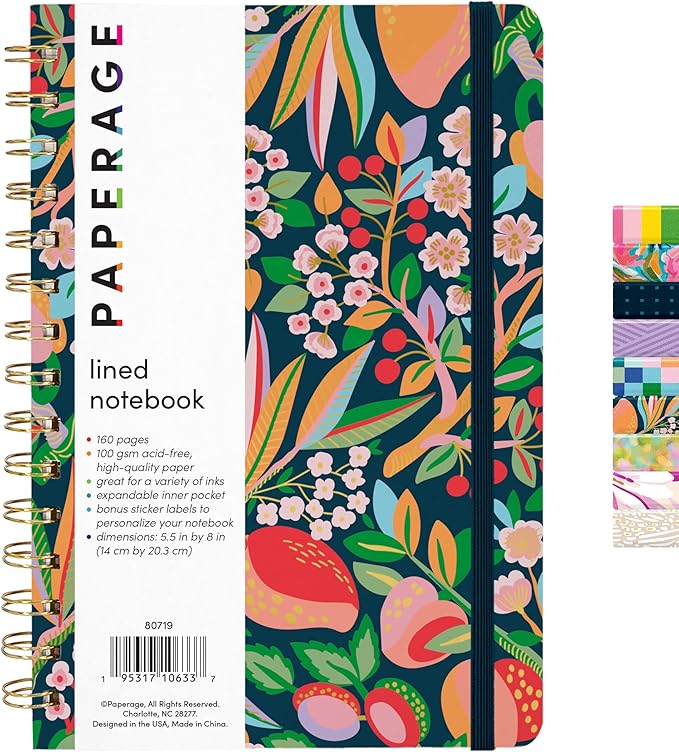 PAPERAGE Lined Spiral Journal Notebook, (Cherry Blossom/Fruit), 160 Pages, Hardcover Journal for Women & Men, Medium 5.5 in x 8 in - 100 GSM, Thick Paper, Spiral Notebook for Work, School & Journaling