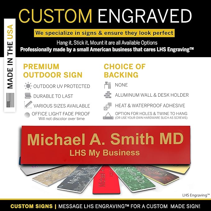 Engraved Name Plates for Door Sign Personalized Red Plastic Plaque with Gold Letters - Made in USA 2x12 B17