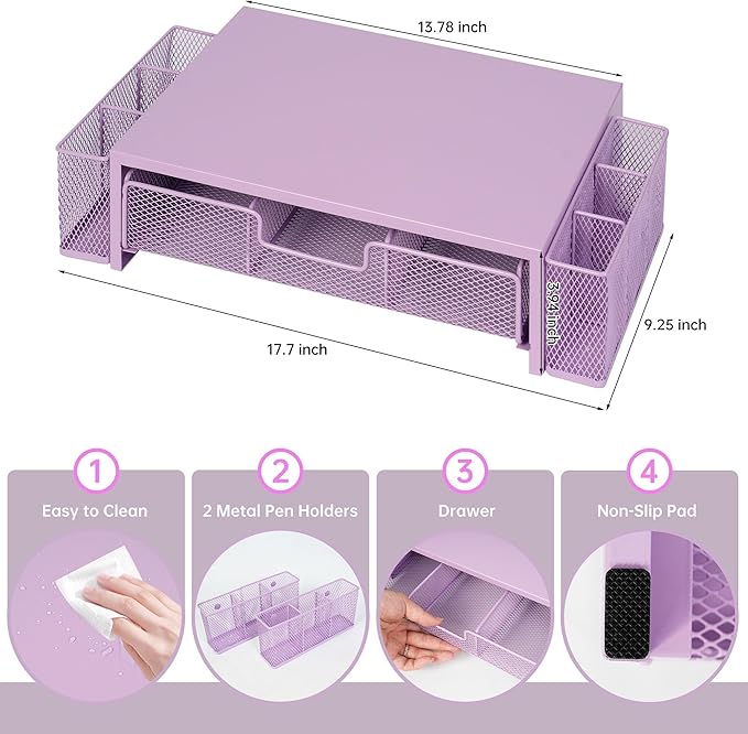 Qupui Computer Monitor Stand Riser with Drawer and Pen Holders, Desk Organizer Shelf and Accessories, Office Desk Accessories, Office Organization, Purple
