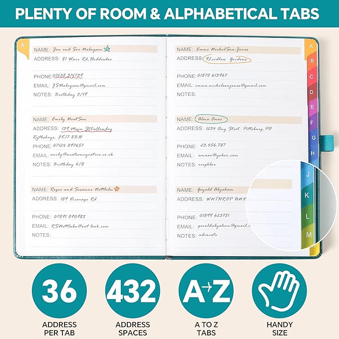 Address Book with Colorful Alphabetical Tabs (8.4" x 5.7") – Hardcover Contact Organizer for Website Passwords, Telephone, Software Licenses, and Important Information – Wine Red