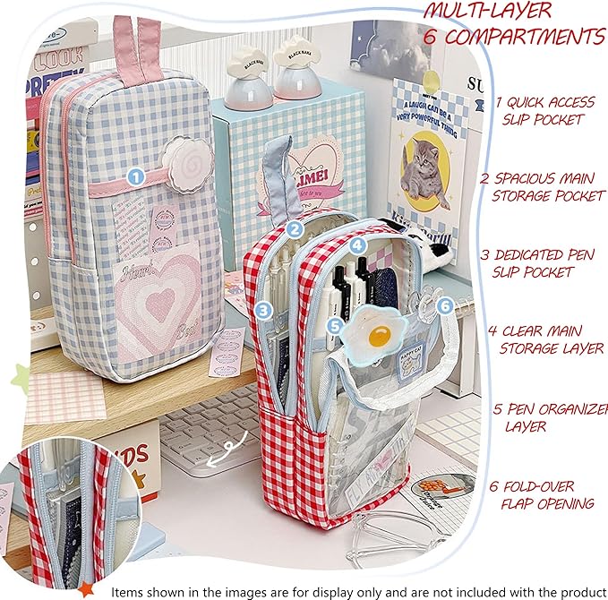 UINSUE Cute Pen case Adorable Bunny Transparent 3-Layer Large Capacity Pencil Case Gadget organizer with Lovely Stickers (Blue Plaid)