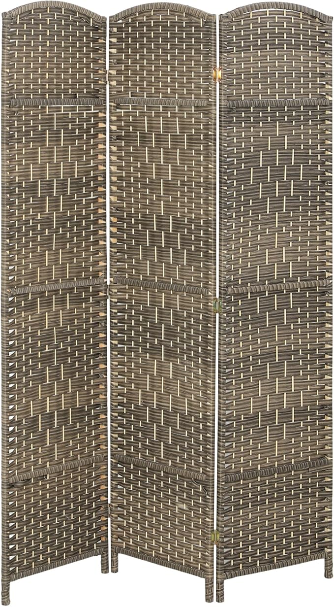 HOMCOM 3 Panel Room Divider, 6' Tall Folding Privacy Screen, Hand-Woven Freestanding Wall Partition for Home Office, Bedroom, Dark Rustic Oak