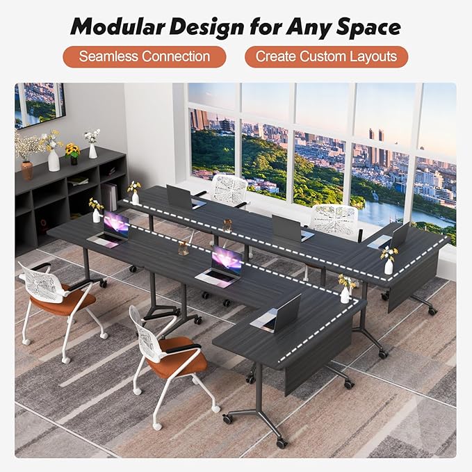 Goakwwuz Conference Room Table, Folding Conference Tables,Thicken Grey Tabletop,Flip Top Wooden Seminar Meeting Room Table for Conference Room Offices (6, BlackWoodGrain, 47.2“)