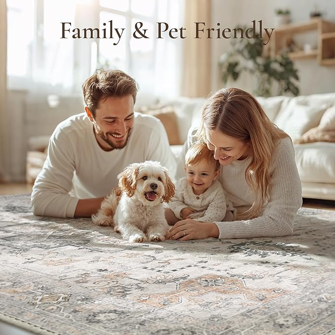 GENIMO 29"x17" Area Rugs for Living Room, Machine Washable Non Slip Vintage Rugs, Low Pile Soft Chenille Print Rug for Bedroom, Dining Room, Home Office, Light Taupe Brown