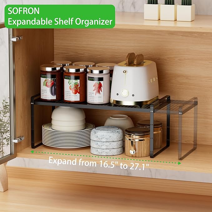 SOFRON Expandable Cabinet Storage Shelf Stackable Organizer Rack for Kitchen Bathroom Pantry Spice Cupboard Coffee Countertop Home Office Desk Heavy Duty Nonslip Black Small 3 Packs