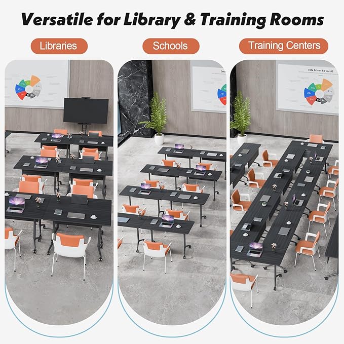 Goakwwuz Conference Room Table, Folding Conference Tables,Thicken Grey Tabletop,Flip Top Wooden Seminar Meeting Room Table for Conference Room Offices (10, BlackWoodGrain, 55.1”)