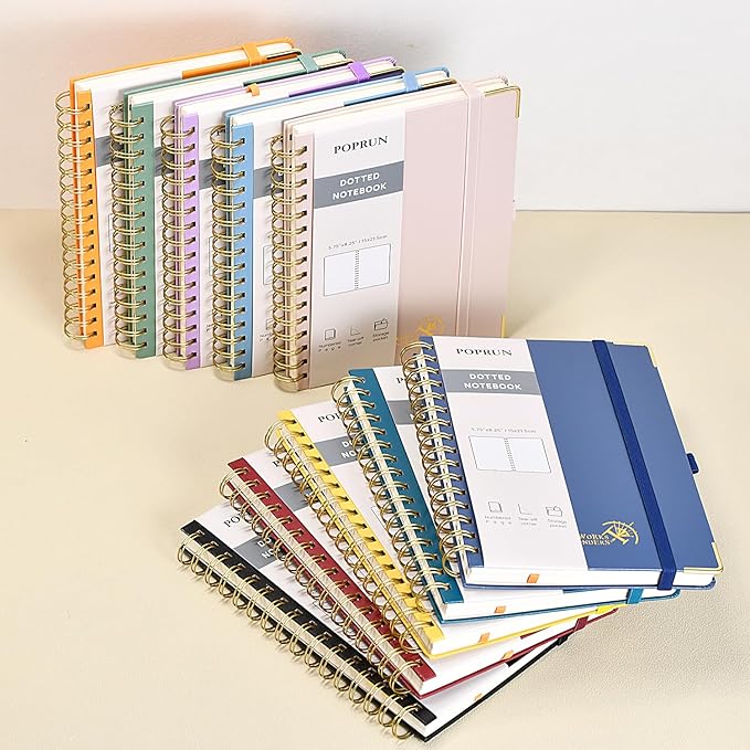 POPRUN Spiral Dotted Journal Notebook, [A5-5.75'' x 8.25''] - 120 GSM Thick Paper, 141 Numbered Pages, Hardcover for Men & Women with Pocket, Index Tabs, 8 Perforated Sheets, Pacific Green