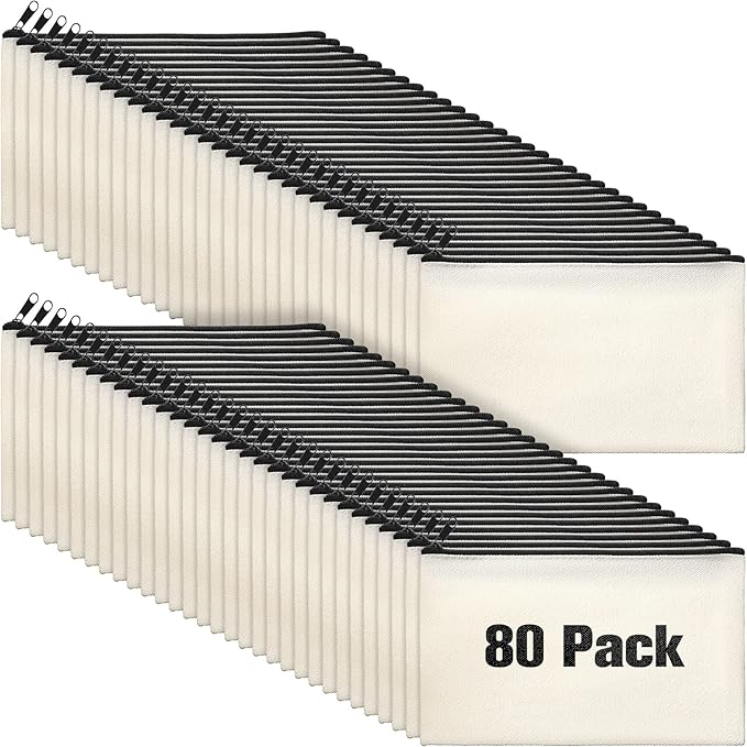 Reginary 80 Pack Canvas Zipper Makeup Bags Bulk Pencil Pouches Blank DIY Craft Canvas Cosmetic Bag Pouch with Zipper for Makeup Cosmetic Toiletry Stationary Storage(Natural and Black Zippers)