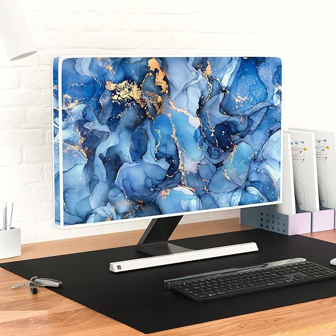 Baocicco Navy Blue Gold Marble Computer Monitor Dust Cover Creative Texture Grain Computer Screen Cover Panel Case Computer Screen Protective LCD/LED/HD 32 Inch Modern HD Monitor Decors