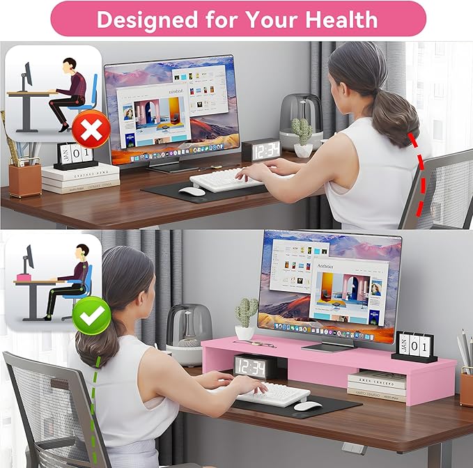 Qupui Dual Monitor Stand Riser, Large Computer Monitor Stand for Desk, Monitor Riser for 2 Monitors, Wood Desk Shelf for Top of Desk, Desktop Organizer for Computer, Laptop, Printer, TV, Pink