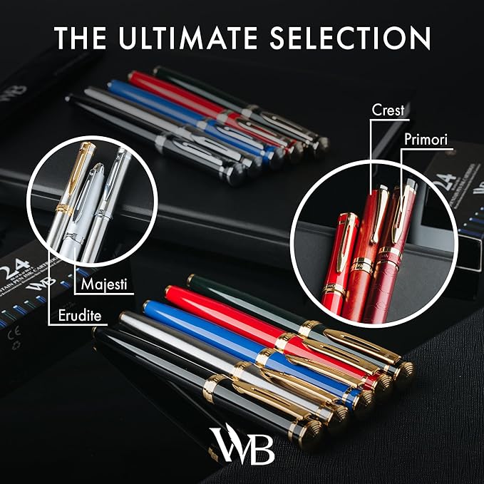 Wordsworth & Black Fountain Pen Set, 18K Gilded Medium Nib, Includes 24 Pack Ink Cartridges, Ink Refill Converter & Gift Pouch, Gold Finish, Calligraphy, [Silver Gold], Perfect for Men & Women