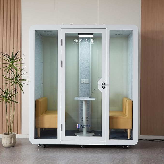 GEARONIC Mobile Office Pod Booth, Standard Sound Proof Office Pod for 2 People, Sound Pod Booth with Mobile Roller, LED Lighting System,Fans and AC USB Ports