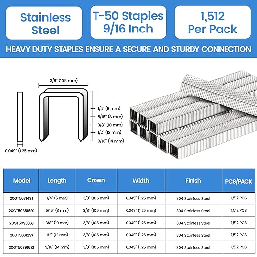 meite T-50 Stainless Steel Staples Marine, 9/16 Inch Heavy Duty Staples for Staple Gun - 20 Gauge 3/8 Inch Crown T-50 Upholstery Staple for Salt Water, Marine Applications (1 Case)