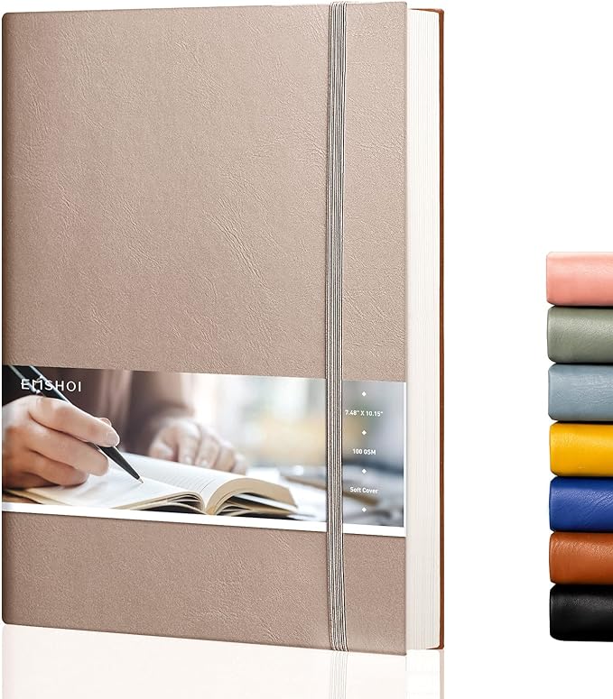 EMSHOI Dotted Journal Bullet Notebook,192 Numbered Pages B5 Large Dot Grid Composition Notebook with 100gsm Thick Dotted Paper, Softcover Leather, Inner Pocket, 7.48"x10.15"-Khaki