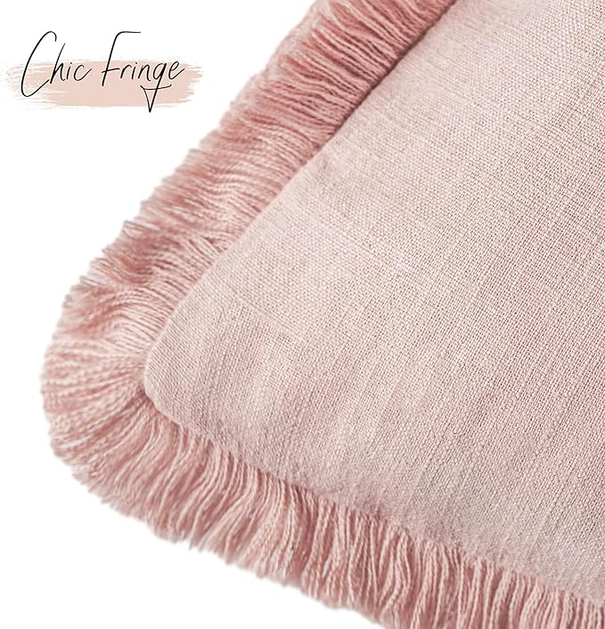 Foindtower Set of 2 Decorative Linen Fringe Lumbar Throw Pillow Covers Boho Farmhouse Cushion Cover with Tassels Soft Accent Pillowcase for Couch Sofa Bed Living Room Home Decor,12×20 Inch,Light Pink