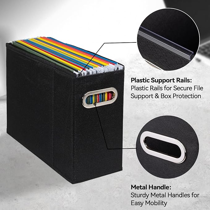 ComfortKeeper 8 Packs Letter Size File Organizer, File Folders Organizer, Fabric Storage Box, Collapsible Paper Organizer with Metal Handle, Smooth PVC Rails, Only Box (Black)